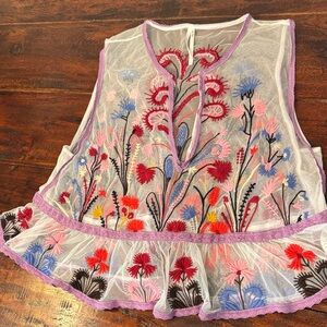 Anthropologie Sheer Floral Embroidered Top - Purple, Red, Blue, Pink